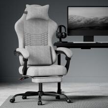Gaming Stuhl Stoff Bürostuhl, Massage Gaming Stuhl mit Kopfstütze, ergonomischer Rennsport Gaming Sitz mit Fußstütze (hellgrau)