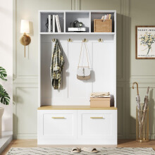 Garderobenset mit Sitzbank, offenem Stauraum und 2 Türen – Kompaktgarderobe mit 4 Haken, in Natur & Weiß, Maße 105 40 180 cm