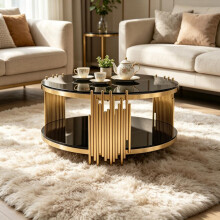 Moderner schwarzer Glas Kaffeetisch,Luxus Wohnzimmer Tische mit Doppelglas Top,Runder Kaffeetisch mit goldener Stahlbasis,Sofa Tisch Gl
