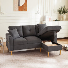L-förmiges modernes Sofa, 3-Sitzer-Sofa mit Chaiselongue, Stauraum, integriertem Getränkehalter, wird mit 2 Kissen geliefert, geeignet
