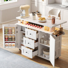 Mobiler Kücheninsel mit klappbarer Arbeitsplatte, Küchenwagen, 5 Rädern, Türregal, Weingestell und Glashalter, 120 *42(60)*93 cm