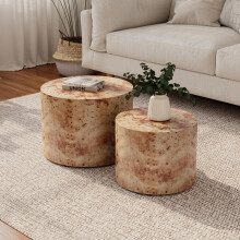 Nesting Coffee Table Set of 2, Modern Round Coffee Table, Wooden Circle Accent Tables for Small Spaces Living Room Bedroom Balcony Offi