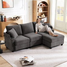 L-förmiges Ecksofa,umwandelbares 3-Sitzer-Sofa mit Fußhocker, Getränkehalter, USB-Ladegerät, Armlehnenablage und 2 Kissen, geeignet für