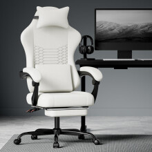 Gaming Stuhl Stoff Bürostuhl, Massage Gaming Stuhl mit Kopfstütze, ergonomischer Rennsport Gaming Sitz mit Fußstütze (weiß)