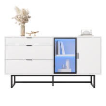 Weißes Sideboard , Vitrine , Aufbewahrungsschrank , Moderner Luxus-Esszimmerschrank , Drei Schubladen, Glastüren , Mit LED-Lichtleiste