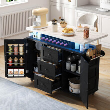 Mobiler Kücheninsel mit klappbarer Arbeitsplatte, Küchenwagen, 5 Rädern, Türregal, Weingestell und Glashalter, 120 *42(60)*93 cm