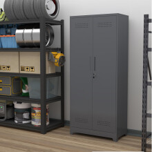Broom Storage Cabinet With Locking Doors And Shelves, 65" H Metal Storage Cabinet With Hanging Rod & S-Hooks, Cleaning Tool Storage Cab
