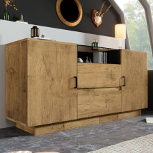 Eichenoptik Kommode Sideboard mit 2 Schubladen + 2 Schränken (innen höhenverstellbar) & offenem Fach - ESG-Glas & schwarze Griffe, H70/