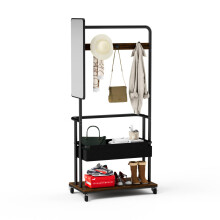 Robuste Metallgarderobe mit Rollen, 3-in-1-Design mit Korb und Spiegel, hängende Garderobe, mobile Garderobe mit Rädern, Garderobe mit