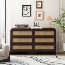 130CM Arc Shaped Corner Rattan Cabinet, 6-Drawers Rattan Storage Cabinet Rattan Drawer, for Living Room Bedroom,and Kitchen, Reddish-br