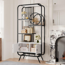 80 x 30 x 180 cm Metallregal, weißer Lagerschrank mit Doppeltür, drei Regalböden, schwarzes Metallregal, hohe Metallfüße, runde Dekorat