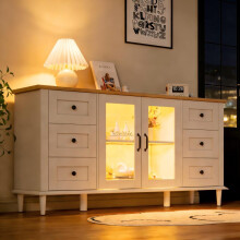 150*40*75cm Wohnzimmerschrank, Sideboards Mit 2 Acryl Türen, 6 Schublade, LED-Leuchten, Esszimmerschrank, breite Schließfächer, vielsei