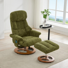025 Komfortabler Relaxsessel mit Massage und Wärmefunktion, Liegefunktion & Hocker, 360 drehbar, Chenille-Stoff in Grün.