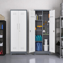 Grey 65" Metal Cleaning Tool Storage Cabinet with Locking Doors, Shelves, Hanging Rod & S-Hooks