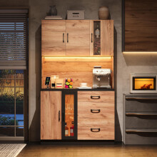105 40 180 cm Moderner Küchenhochschrank, schwarz und Holzoptik mit LED-Beleuchtung, verstellbaren Einlegeböden und Steckdose im