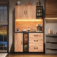 105 40 180 cm Moderner Küchenhochschrank, schwarz und Holzoptik mit LED-Beleuchtung, verstellbaren Einlegeböden und Steckdose im