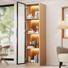 Vitrinenschrank mit Glastür – 4040165 cm, schmaler Hochschrank aus MDF in Eichenoptik, mit gehärtetem Glas, LED-Beleuchtung & Soft