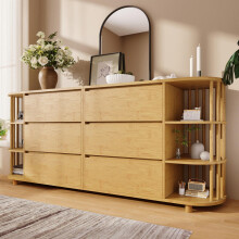 Kommode Sideboard 160cm Eiche, Römisches Design mit Säulen & Bambus-Regalen, 6 Schubladen & offene Regale, Höhenverstellbare Füße, H75/