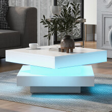 WF324126WAA)Weißer quadratischer Hochglanz-Couchtisch mit drehbarer Platte - Moderner Techno-Stil mit LED-Licht, 70x70x36 cm,360-Grad-D