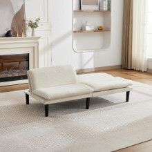 Dreifach-verstellbares 2-Sitzer-Sofa in beige, 106-140-180 – Schwarze Kunststoff-Rundfüße, kord-ähnlicher Samtbezug, Holz-Lattenunte