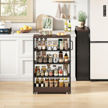 Slim Storage Cart, Schlanker Schrankwagen auf Rollen, 12cm schmaler Küchenschrank mit 4 verstellbaren Regalen, Schwarz mit brauner Holz