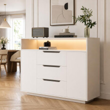 Moderner weißer Multifunktionsschrank mit offenem Regal, drei Schubladen und beidseitigen Türen. Weiße Mattoptik mit Metallschienen und