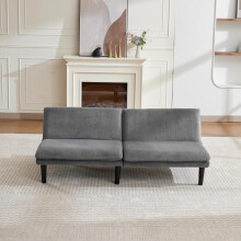 Dreifach-verstellbares 2-Sitzer-Sofa in grau, 106-140-180 – Schwarze Kunststoff-Rundfüße, kord-ähnlicher Samtbezug, Holz-Lattenunter