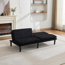 Dreifach-verstellbares 2-Sitzer-Sofa in schwarz, 106-140-180 – Schwarze Kunststoff-Rundfüße, kord-ähnlicher Samtbezug, Holz-Lattenun