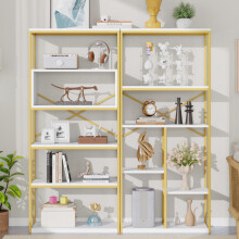 160 x 29.5 x 180 cm Regal im modern-minimalistischen Stil, Stahlrohr + MDF, stabile rechteckige Struktur, gold-weißes Farbschema, leich