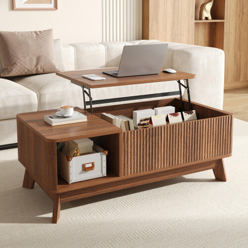 Couchtisch mit Hubfunktion, Wellenoptik, offenes Seitenfach, MDF-Material, Moderner Stil 2