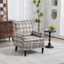 S001, Polster-Akzentsessel, Vintage-Sessel mit braunem Leinenstoff und Ziernagelbesatz für das Wohnzimmer