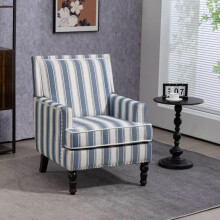 S001, Polster-Akzentstuhl, Vintage Sessel mit blau-weiß gestreiftem Leinenstoff und Nagelkopfeinfassung für das Wohnzimmer