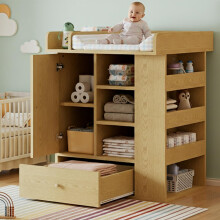 Wickelkommode Naturfarben, mit Schublade, Schrank & Stauraum, Handtuchhalter, Wickelplatz mit Trennwänden, natürliches Holzdesign