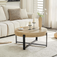 Runder Couchtisch (68 cm Durchmesser) im Retro-Industriestil. Tischplatte aus MDF mit natürlichem Holzmuster, schwarzes Kreuzgestell au