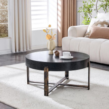 Runder Couchtisch (68 cm Durchmesser) im Retro-Industriestil. Schwarze Holzmuster-MDF-Tischplatte, metallfarbenes Kreuzgestell in Antik