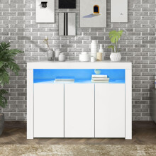 316357358WAA)Hochglänzende weiße Sideboard-Vitrine mit LED-Leuchten, moderne 3-türige Holz-Buffetschrank-Aufbewahrungseinheit mit Fernb