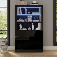 100*35*170cm Schrank,Vitrine Hochglanz Lagerschrank mit LED-Beleuchtung,2Glasboden,2 Schränke,Highboard, Wohnzimmerschrank, Aufbewahrun