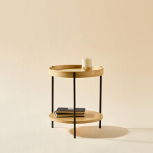 Couchtisch mit 2-stöckigem Tablett-Design, rund, aus Massivholz & Metall, in 3 Farben: Esche Natur / Walnuss / Schwarz, mit passendem B