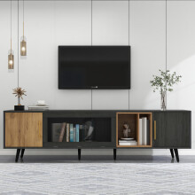 307691692GAA)Eleganter TV-Schrank, 200x40x55,5 cm, dunkles Holz, grau und Holzmaserung, für einen 90-Zoll-Fernseher geeignet