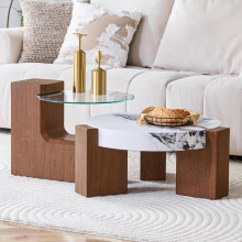 [Trennbares Couchtisch-Set] MDF-Nussbaumoptik + 0,6 cm dickes transparentes Sicherheitsglas – kombinierbar als Kaffeetisch / getrennt