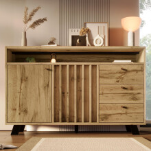 Sideboard Kommode mit 3 Schubladen und 2 Türen Stauraumschrank mit offenem Fach und Lamellenfront im Vintage Stil für Wohnzimmer Esszim