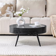 Runder Kaffeetisch mit 70 cm Durchmesser in schwarzer Holzoptik (MDF) & schwarzen Metallbeinen. Minimalistisches Design, ideal für Wohn