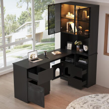 Eckschreibtisch mit Regal und LED-Vitrinenschrank 12080180 cm – Schreibtisch mit Kabeldurchlass, 3 Schubladen, 2 Türen, offenen Fä