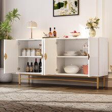 Sideboard mit Erhabener Textur 160cm, Schrank mit Vier Türen Goldene Gebürstete Griffe und Hochglanz Tischbeine, Weiß,1604082cm(ol