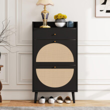 Schuhschrank mit zwei Türen und einer Schublade in Schwarz, Rattan-Optik, austauschbare halbrunde Türen, doppeltes Regal, Länge 60 cm,