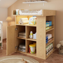 Wickelkommode aus Holz, Naturfarben, mit verstellbarer LED-Beleuchtung (Farbe & Helligkeit), viel Stauraum & seitlichem Stauraum, Wicke