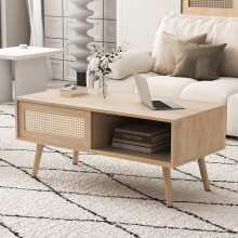 Korbgeflochtener Couchtisch, Teetisch mit Schiebetüren, Beine aus Massivholz, moderner Wohnzimmertisch, Natürliche Farbe-H40/B1050/T55