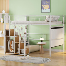 Hochbett mit Sicherheitsleiter 140*200, Kinderbett mit Eisenrahmen und Ablagefläche, Jugendbett, weiß