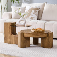 [Trennbare Couchtisch-Set] MDF-Holzoptik + 0,6 cm braun getöntes Sicherheitsglas – kombiniert als Kaffeetisch / geteilt als zwei Beist