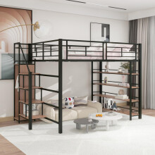 Hochbett 140*200, mit Sicherheitstreppe, Stauraum und kleinem Kleiderschrank, Einlegeböden, hohes Zaundesign, Einzelbett, Jugendbett, s
